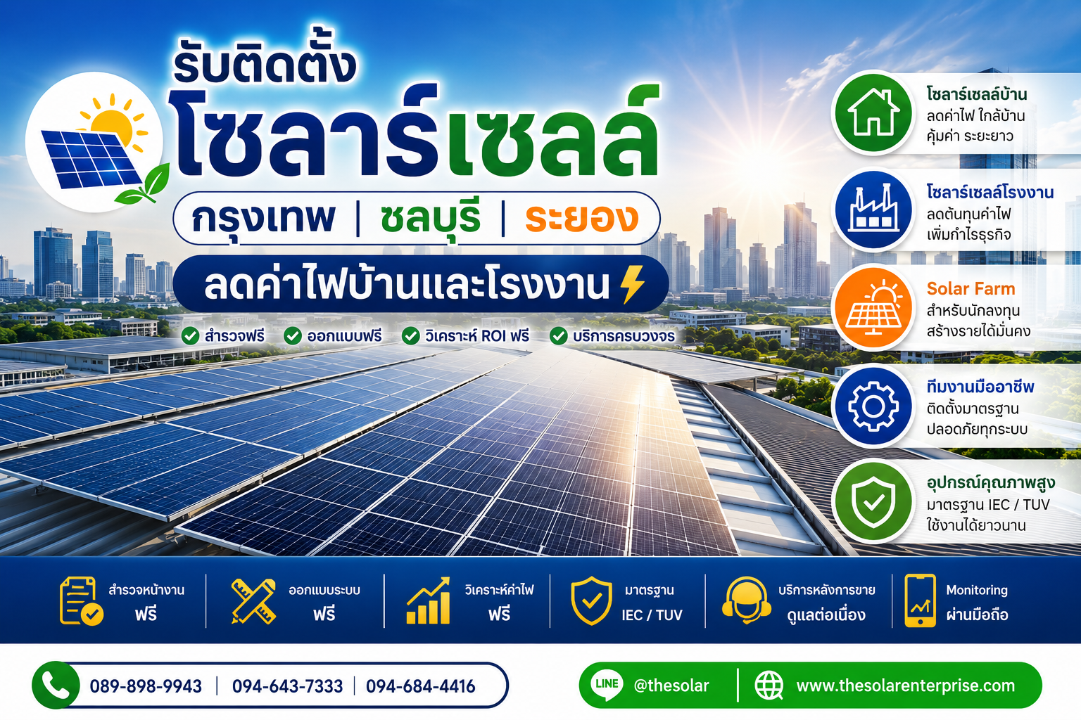 ประกาศ บริการ ติดตั้งโซลาร์เซลล์ชลบุรีนิคมอุตสาหกรรม ชลบุรีระยอง ลดค่าไฟจริงวิเคราะห์ROIฟรี ลดค่าไฟบ้านและโรงงาน ลดค่าไฟบ้านและโรงงาน