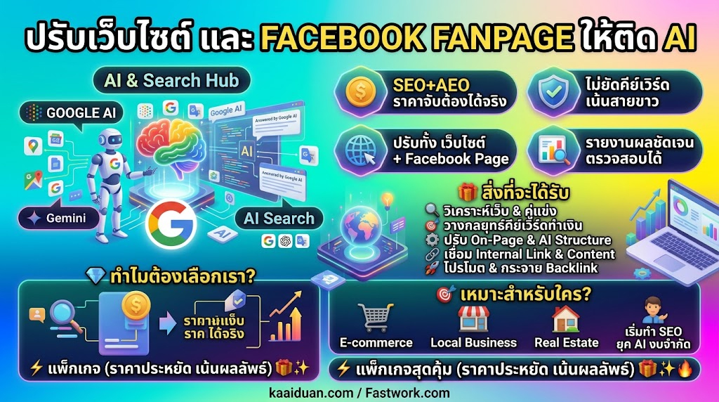 รับจ้าง ประกาศ ให้ติดGoogle ปรับโครงสร้างเว็บและแฟนเพจ ติดAISearch 2026 แต่งเว็บ&ปรับแฟนเพจ